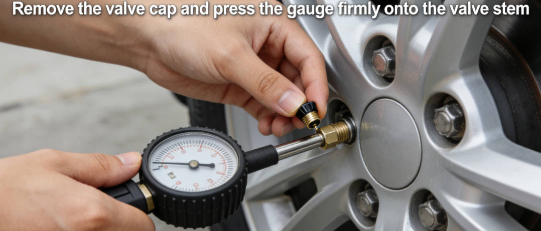 Remove the valve cap and press the gauge firmly onto the valve stem