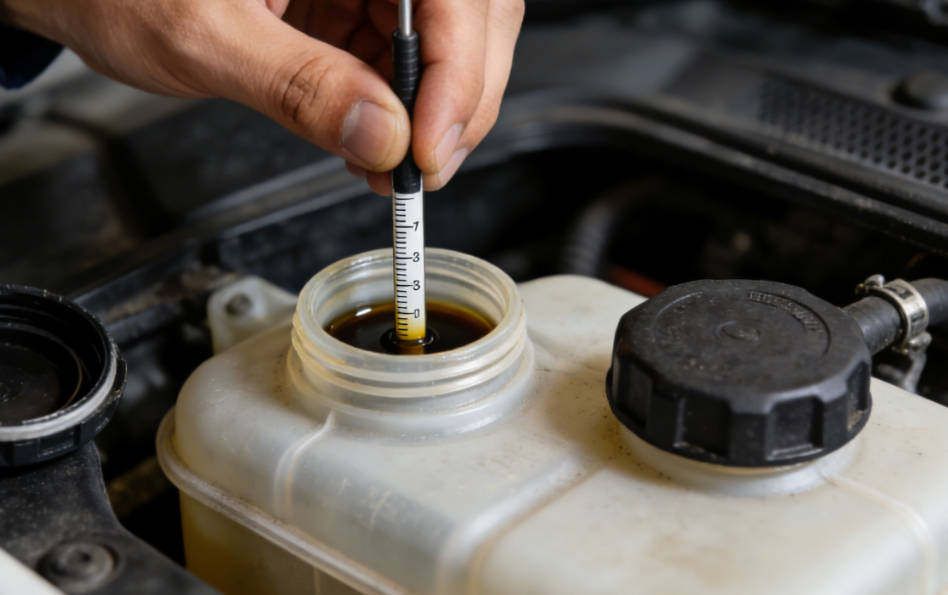 Remove the cap and check the fluid level using the dipstick or indicator