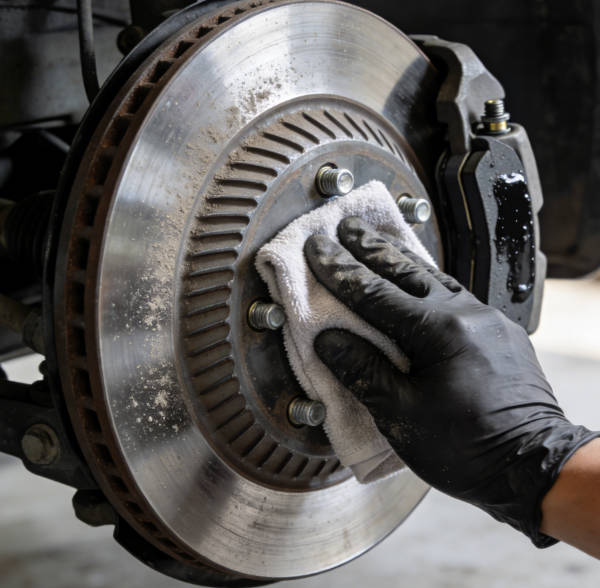 Wiping clean brake rotor with microfiber cloth